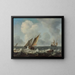 Two small ships and a rowboat on choppy waters, a warship and other sailboats beyond a city on the horizon - Arnoldus van Anthonissen — framed artwork on a wall