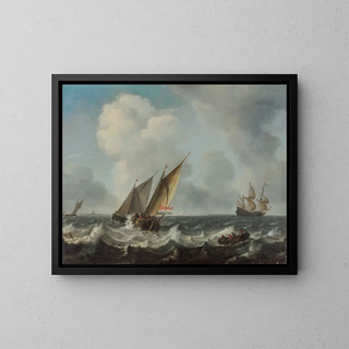 Two small ships and a rowboat on choppy waters, a warship and other sailboats beyond a city on the horizon - Arnoldus van Anthonissen — framed artwork on a wall