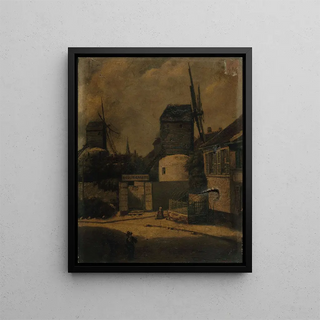 The Windmill at La Galette and the Blute-fin Mill, Montmartre, 18th arrondissement - Arsène Désiré d'Haussy — framed artwork on a wall