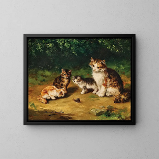 Curious kittens with a snail - Arthur Alfred Brunel de Neuville — framed artwork on a wall
