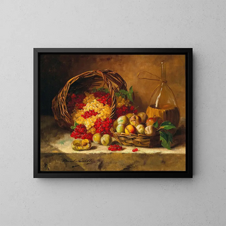 Still life with currants and plums - Arthur Alfred Brunel de Neuville — framed artwork on a wall