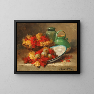 Still life with currants and a green jug - Arthur Alfred Brunel de Neuville — framed artwork on a wall