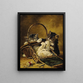 Three kittens playing in a sewing basket - Arthur Alfred Brunel de Neuville — framed artwork on a wall
