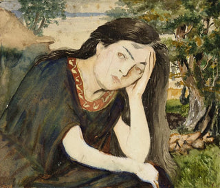a seated woman with long hair, her head resting in her left hand - Arthur Joseph Gueniot — artwork view