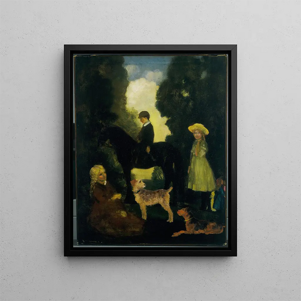 Children, dogs and pony - Arthur Bowen Davies — framed artwork on a wall