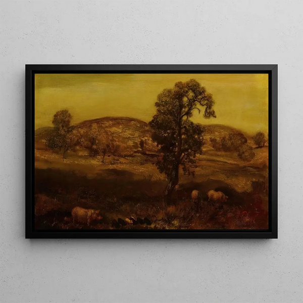 Landscape Painting with Pigs - Arthur Bowen Davies — framed artwork on a wall