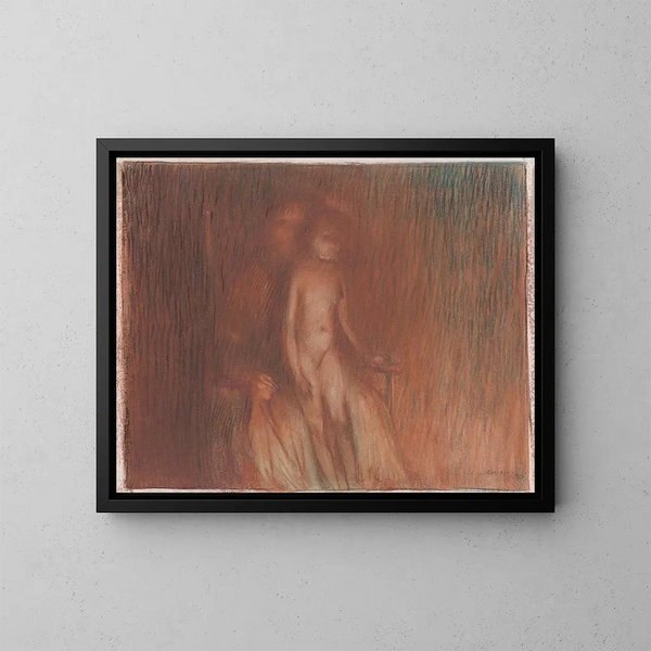 Mother and child in front of a fire - Arthur Bowen Davies — framed artwork on a wall
