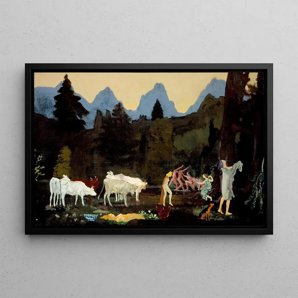 Pastoral and Mountain Landscape Painting - Arthur Bowen Davies — framed artwork on a wall