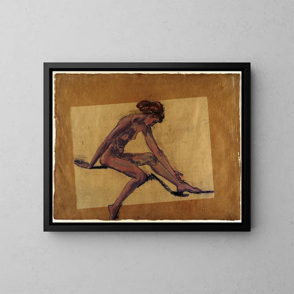 Female nude sitting in profile leaning forward - Arthur Bowen Davies — framed artwork on a wall