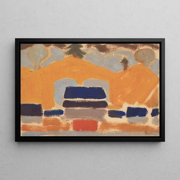 Landscape Painting with Houses - Arthur Dove — framed artwork on a wall