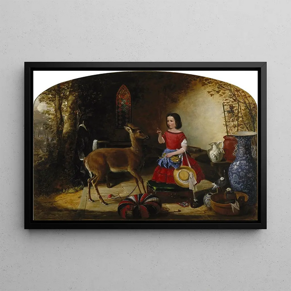 The Reprimand: Oh, naughty fawn, you ate the flowers again - Arthur Fitzwilliam Tait — framed artwork on a wall