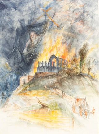 a religious building on fire with demons above - Arthur Frederick Payne — artwork view