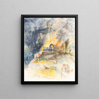 a religious building on fire with demons above - Arthur Frederick Payne — framed artwork on a wall