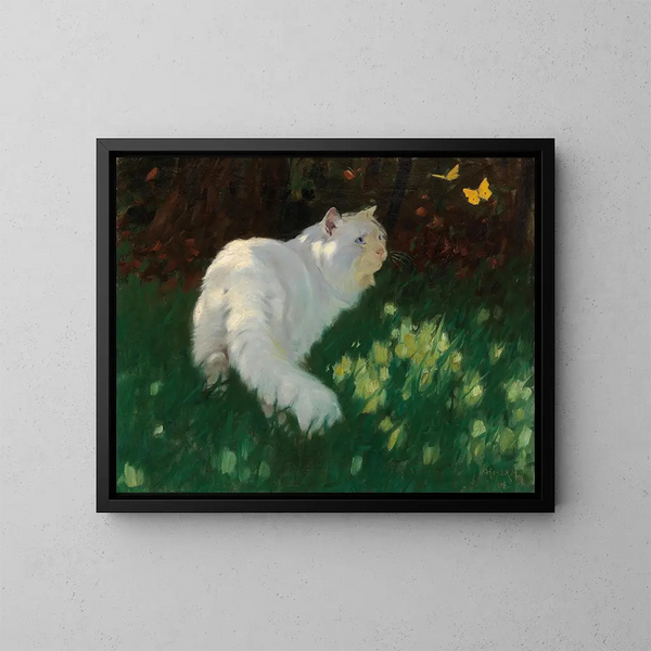 White Cat and Butterflies Painting - Arthur Heyer — framed artwork on a wall