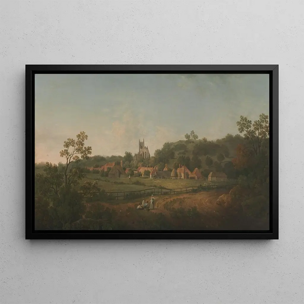 the distant view of the village and church of Hythe, Kent - Arthur Nelson — framed artwork on a wall