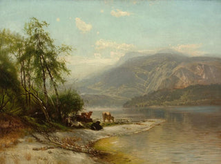 Cows Drinking at the Edge of the River - Arthur Parton — artwork view