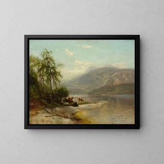 Cows Drinking at the Edge of the River - Arthur Parton — framed artwork on a wall