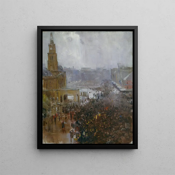 Funeral of the Firefighters, George Street - Arthur Streeton — framed artwork on a wall