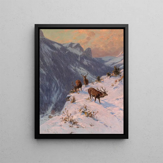 A fallow deer in winter - Arthur Thiele — framed artwork on a wall