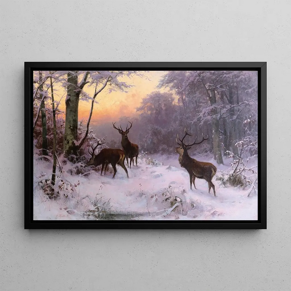 Wild animals in the winter forest - Arthur Thiele — framed artwork on a wall