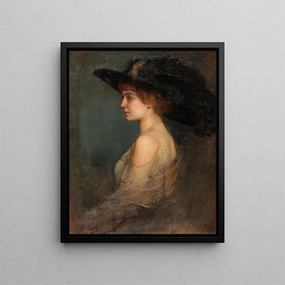 Portrait painting of a lady with a large feathered hat - Arthur von Ferraris — framed artwork on a wall