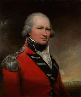 Portrait painting of a captain, probably David Baird, half-length in front of Srirangapatna fort - Arthur William Devis — artwork view