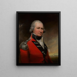 Portrait painting of a captain, probably David Baird, half-length in front of Srirangapatna fort - Arthur William Devis — framed artwork on a wall