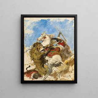 The Lion and the Moor - Arturo Michelena — framed artwork on a wall