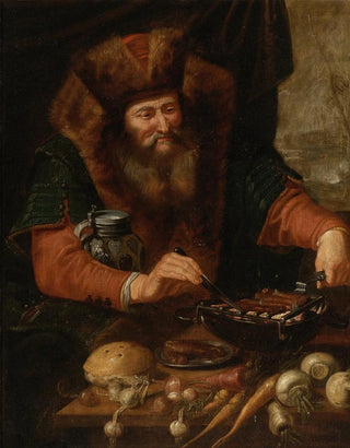 a bearded man cooking sausages - Artus Wolfaerts — artwork view