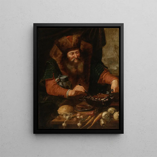 a bearded man cooking sausages - Artus Wolfaerts — framed artwork on a wall