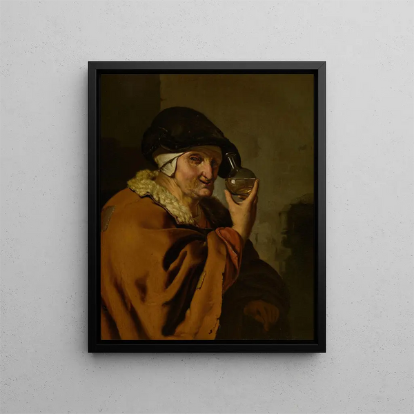 An old woman with a bottle - Ary de Vois — framed artwork on a wall