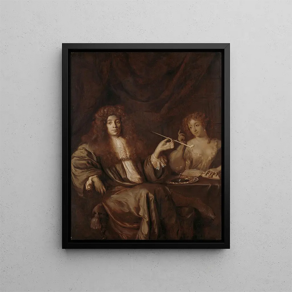 Portrait of Hadriaan Beverland with a prostitute - Ary de Vois — framed artwork on a wall