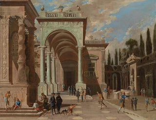 Un caprice architectural avec des figures devant un palais - Ascanio Luciani — artwork view
