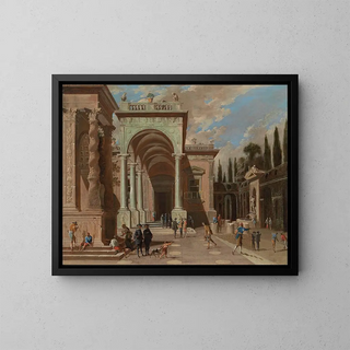 Un caprice architectural avec des figures devant un palais - Ascanio Luciani — framed artwork on a wall