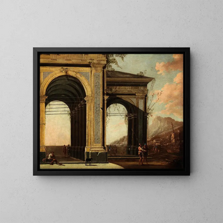 Portico with loggia by the sea with boats and figures - Ascanio Luciani — framed artwork on a wall