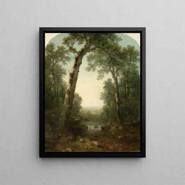 Stream forest with view - Asher Brown Durand — framed artwork on a wall