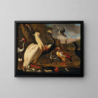 a pelican and other birds near water - Associated with Melchior de Hondecoeter — framed artwork on a wall