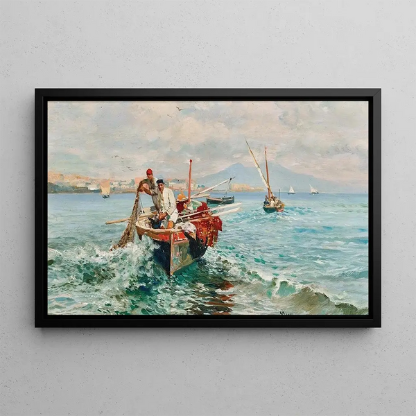 Fishermen on the Coast of Naples - Attilio Pratella — framed artwork on a wall