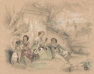 Three children in a castle garden reading and playing with dogs - August Allebé — artwork view