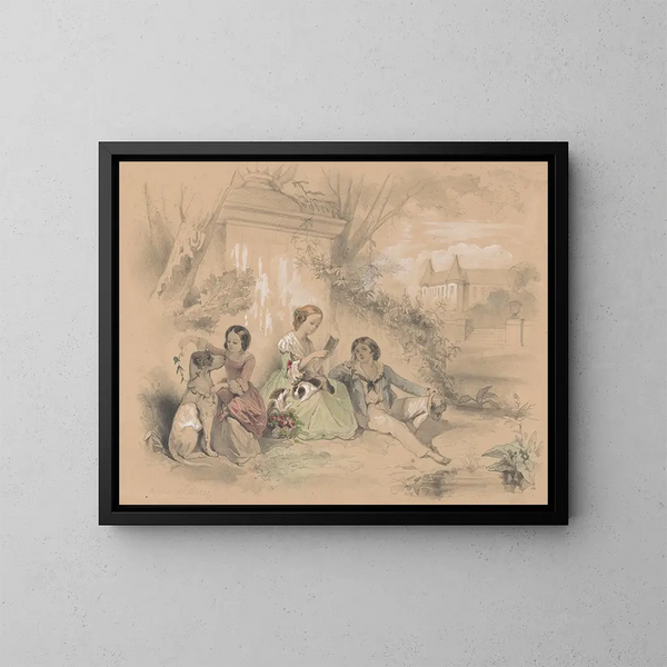 Three children in a castle garden reading and playing with dogs - August Allebé — framed artwork on a wall