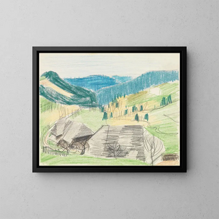 Summer landscape with two houses from the Black Forest in the foreground - August Babberger — framed artwork on a wall