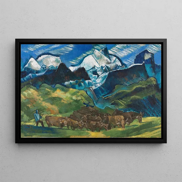 Herd of cows in high mountain - August Babberger — framed artwork on a wall