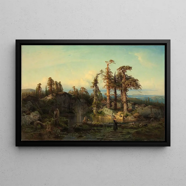 Mountain Lake Painting in Telemark - August Cappelen — framed artwork on a wall