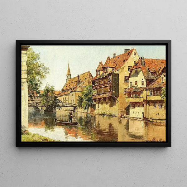 a man in a boat in a German city - August Fischer — framed artwork on a wall