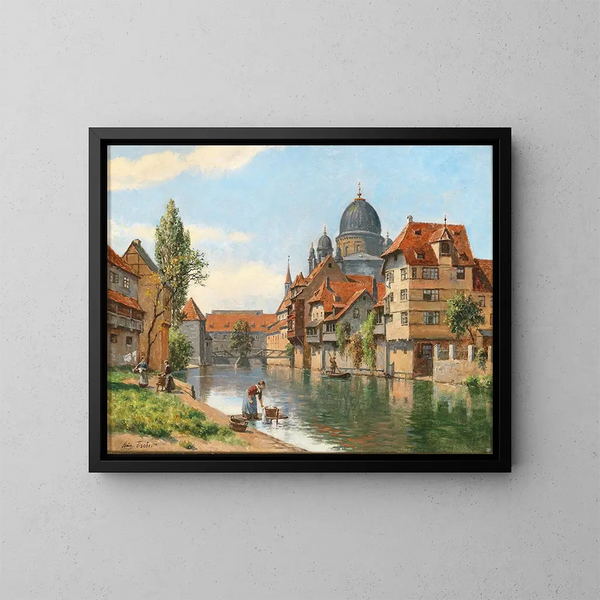 Old Nuremberg, view of the synagogue from the Pegnitz River - August Fischer — framed artwork on a wall