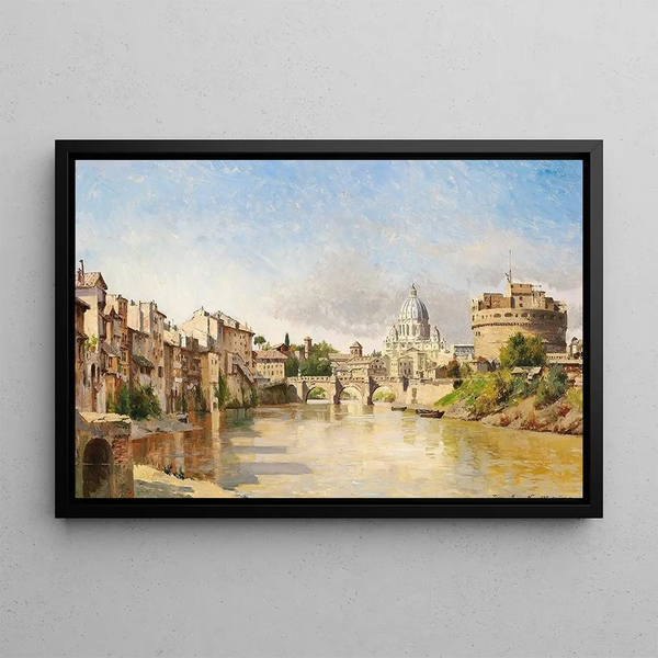 View of the Tiber towards Castel Sant'Angelo and St. Peter's Basilica - August Fischer — framed artwork on a wall