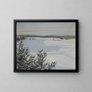 Snowy landscape painting - August Hagborg — framed artwork on a wall