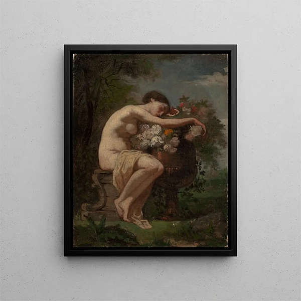 Study of a nymph next to a flower urn - August Jernberg — framed artwork on a wall