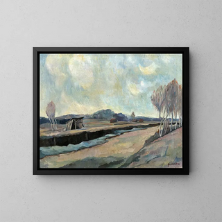 Landscape painting of peatlands near Bad Aibling - August Kratzer — framed artwork on a wall