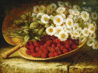 a Still life with daisies and raspberries on a ledge - August Laux — artwork view